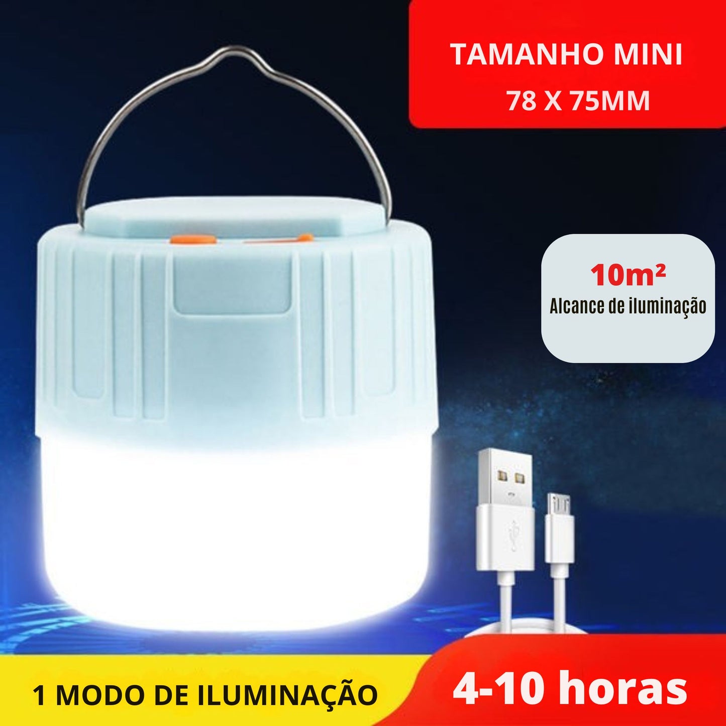 Lanterna LED Portátil Recarregável – Tamanho Mini, 10 m² de Alcance