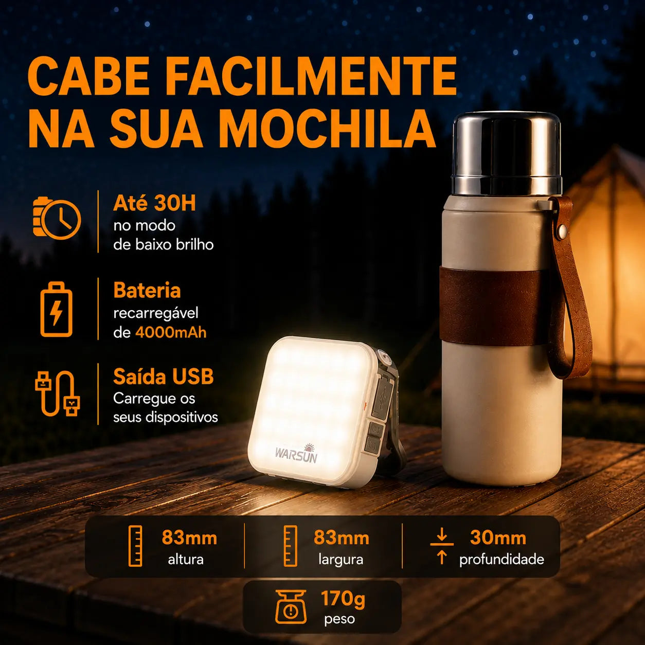 Lanterna LED Recarregável Portátil para Campismo e Emergência